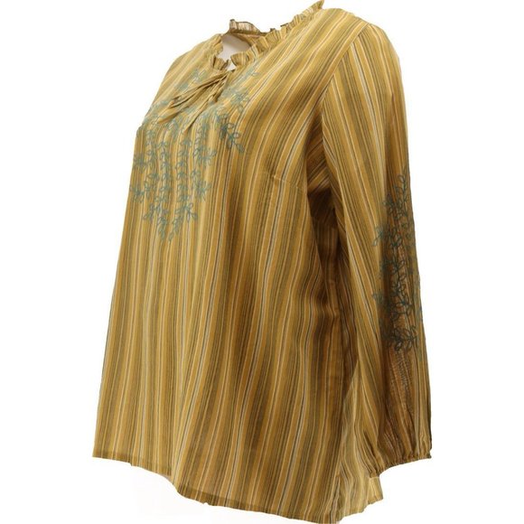 NWT LOGO BY LORI GOLDSTEIN STRIPED WOVEN EMBROIDERED BLOUSE VINTAGE GOLD MEDIUM - Picture 3 of 14